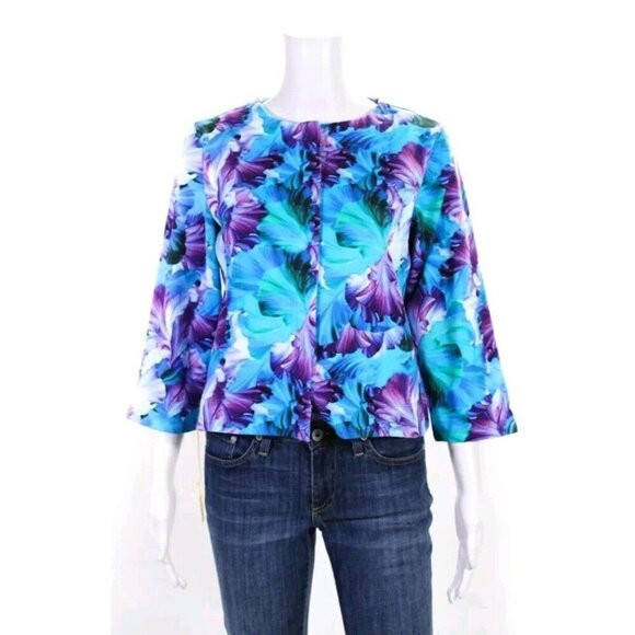 Sophy Curson Pashma Arte Front Snaps Floral Top Jacket Turquoise Size Small NWT - Picture 1 of 8
